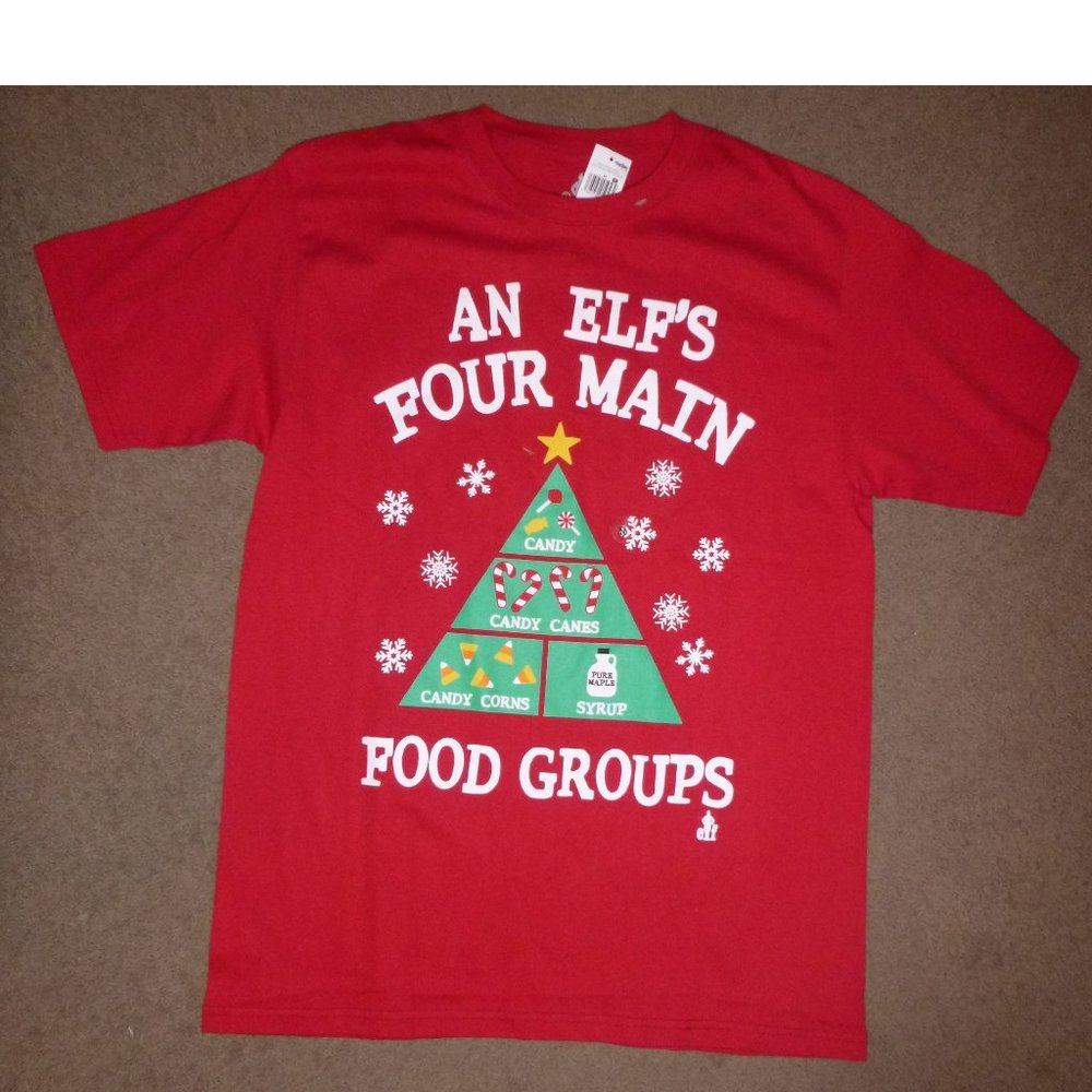 Mens Elf the Movie Christmas T-shirt- "Elf's Four Main Food" Groups Size Med NWT